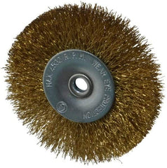 Value Collection - 2-1/2" OD, 1/4" Shank Diam, Crimped Brass-Coated Steel Wheel Brush - 11/32" Face Width, 1/2" Trim Length, 0.008" Filament Diam, 4,500 RPM - Caliber Tooling