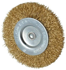 Value Collection - 3" OD, 1/4" Shank Diam, Crimped Brass-Coated Steel Wheel Brush - 3/8" Face Width, 5/8" Trim Length, 0.015" Filament Diam, 4,500 RPM - Caliber Tooling