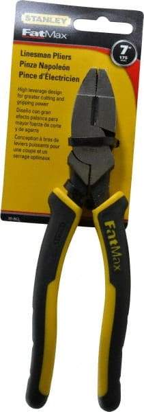 Stanley - 7-5/8" OAL, 1-1/2" Jaw Length x 1" Jaw Width, Side Cutting Linesman's Pliers - Serrated Jaw, Flat Nose Head, Bi-Material Cushion Grip Handles - Caliber Tooling