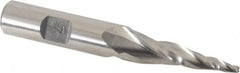 Made in USA - 7° Taper Angle per Side, 3/32" Small End Diam, 1-1/2" LOC, High Speed Steel 3 Flute Tapered Square End Mill - 3-1/4" OAL, 1/2" Shank Diam, Spiral Flute - Caliber Tooling