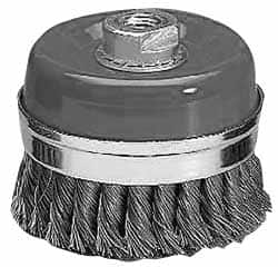 Value Collection - 4-3/8" Diam, M16x2.00 Threaded Arbor, Steel Fill Cup Brush - 0.0137 Wire Diam, 6,500 Max RPM - Caliber Tooling