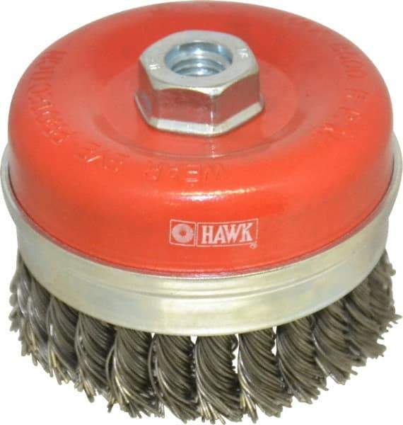 Value Collection - 4" Diam, 5/8-11 Threaded Arbor, Steel Fill Cup Brush - 0.0314 Wire Diam, 8,500 Max RPM - Caliber Tooling