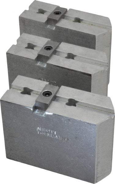 Abbott Workholding Products - 8" & Up Chuck Capacity, Tongue & Groove Attachment, Square Soft Lathe Chuck Jaw - 3 Jaws, Aluminum, 1-3/4" Btw Mount Hole Ctrs, 4" Long x 1-1/2" Wide x 3" High, 5/16" Groove, 3/8" Fastener - Caliber Tooling