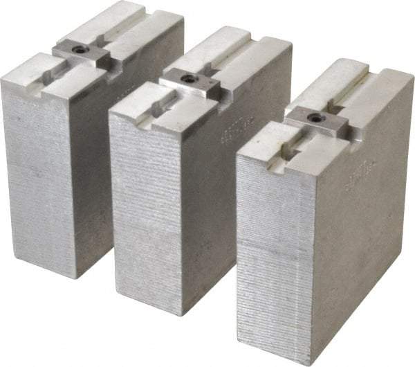 Abbott Workholding Products - 8" & Up Chuck Capacity, Tongue & Groove Attachment, Square Soft Lathe Chuck Jaw - 3 Jaws, Aluminum, 1-3/4" Btw Mount Hole Ctrs, 4" Long x 1-1/2" Wide x 4" High, 5/16" Groove, 3/8" Fastener - Caliber Tooling