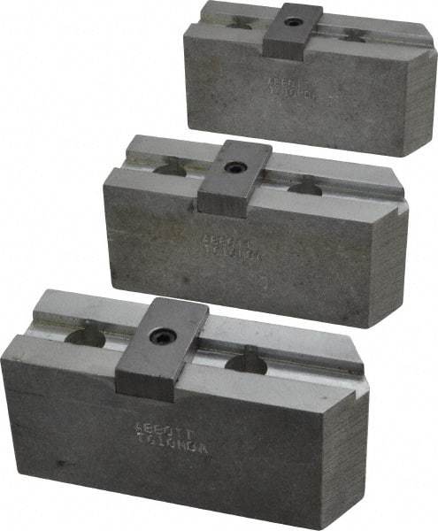 Abbott Workholding Products - 10" & Up Chuck Capacity, Tongue & Groove Attachment, Square Soft Lathe Chuck Jaw - 3 Jaws, Aluminum, 2-1/8" Btw Mount Hole Ctrs, 4-1/2" Long x 1-1/2" Wide x 2" High, 1/2" Groove, 1/2" Fastener - Caliber Tooling