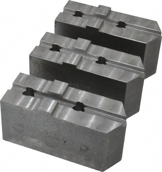 Abbott Workholding Products - 8" & Up Chuck Capacity, Tongue & Groove Attachment, Square Soft Lathe Chuck Jaw - 3 Jaws, Steel, 1-3/4" Btw Mount Hole Ctrs, 4" Long x 1-1/2" Wide x 2" High, 5/16" Groove, 1/2" Fastener - Caliber Tooling