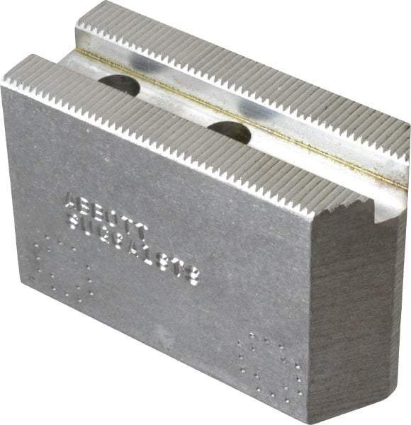 Abbott Workholding Products - 6" & Up Chuck Capacity, 1.5mm x 60° Serrated Attachment, Square Soft Lathe Chuck Jaw - 3 Jaws, Aluminum, 63/64" Btw Mount Hole Ctrs, 3" Long x 1-1/4" Wide x 2" High, 0.4331" Groove, 0.315" & 8mm Fastener - Caliber Tooling