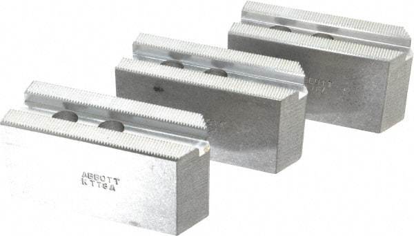 Abbott Workholding Products - 8" & Up Chuck Capacity, 1.5mm x 60° Serrated Attachment, Square Soft Lathe Chuck Jaw - 3 Jaws, Aluminum, 63/64" Btw Mount Hole Ctrs, 4" Long x 1-1/2" Wide x 2" High, 0.5512" Groove, 0.4724" & 12mm Fastener - Caliber Tooling