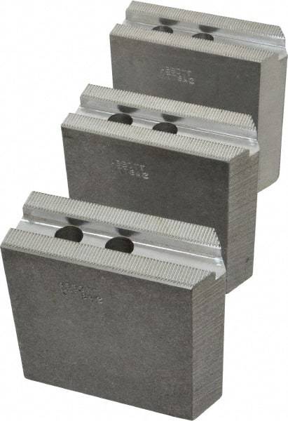 Abbott Workholding Products - 8" & Up Chuck Capacity, 1.5mm x 60° Serrated Attachment, Square Soft Lathe Chuck Jaw - 3 Jaws, Aluminum, 63/64" Btw Mount Hole Ctrs, 4" Long x 1-1/2" Wide x 4" High, 0.5512" Groove, 0.4724" & 12mm Fastener - Caliber Tooling