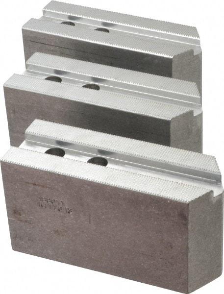 Abbott Workholding Products - 10" & Up Chuck Capacity, 1.5mm x 60° Serrated Attachment, Square Soft Lathe Chuck Jaw - 3 Jaws, Aluminum, 1.1811" Btw Mount Hole Ctrs, 5-1/2" Long x 2" Wide x 3" High, 0.6299" Groove, 0.4724" & 12mm Fastener - Caliber Tooling