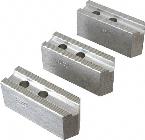 Abbott Workholding Products - 10" & Up Chuck Capacity, 1.5mm x 60° Serrated Attachment, Square Soft Lathe Chuck Jaw - 3 Jaws, Aluminum, 1.2598" Btw Mount Hole Ctrs, 4-1/2" Long x 1-1/2" Wide x 2" High, 0.6299" Groove, 0.4724" & 12mm Fastener - Caliber Tooling