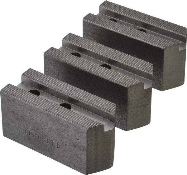 Abbott Workholding Products - 6" & Up Chuck Capacity, 1.5mm x 60° Serrated Attachment, Square Soft Lathe Chuck Jaw - 3 Jaws, Steel, 63/64" Btw Mount Hole Ctrs, 3" Long x 1-1/4" Wide x 1-1/2" High, 0.4331" Groove, 0.315" & 8mm Fastener - Caliber Tooling