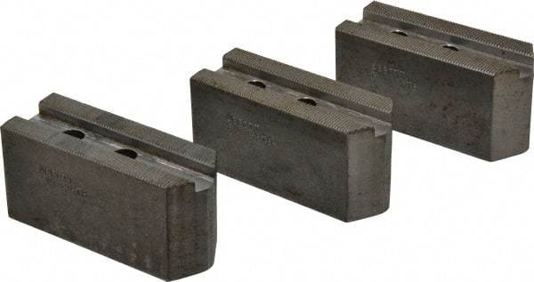 Abbott Workholding Products - 8" & Up Chuck Capacity, 1.5mm x 60° Serrated Attachment, Square Soft Lathe Chuck Jaw - 3 Jaws, Steel, 1.1811" Btw Mount Hole Ctrs, 4" Long x 1-1/2" Wide x 2" High, 0.5512" Groove, 0.3937" & 10mm Fastener - Caliber Tooling