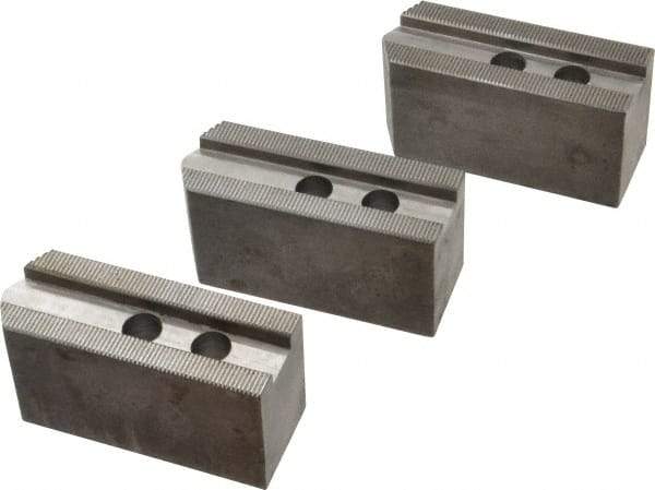 Abbott Workholding Products - 8" & Up Chuck Capacity, 1.5mm x 60° Serrated Attachment, Square Soft Lathe Chuck Jaw - 3 Jaws, Steel, 63/64" Btw Mount Hole Ctrs, 4" Long x 1-1/2" Wide x 2" High, 0.6299" Groove, 0.4724" & 12mm Fastener - Caliber Tooling