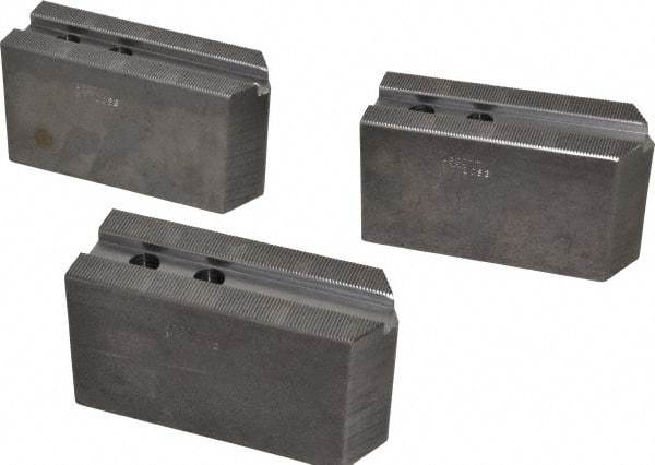 Abbott Workholding Products - 10" & Up Chuck Capacity, 1.5mm x 60° Serrated Attachment, Square Soft Lathe Chuck Jaw - 3 Jaws, Steel, 1.1811" Btw Mount Hole Ctrs, 5-1/2" Long x 2" Wide x 3" High, 0.6299" Groove, 0.4724" & 12mm Fastener - Caliber Tooling