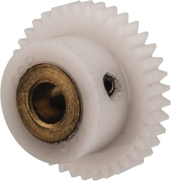 Made in USA - 48 Pitch, 0.792" Pitch Diam, 0.833" OD, 38 Tooth Spur Gear - 1/8" Face Width, 3/16" Bore Diam, 35/64" Hub Diam, 20° Pressure Angle, Acetal - Caliber Tooling