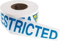 NMC - 1,000' Long x 3" Wide Roll, Vinyl, White, Blue & Yellow Barricade Tape - Message: Restricted Area - Caliber Tooling