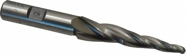 Made in USA - 5° Taper Angle per Side, 3/16" Small End Diam, 2-1/2" LOC, High Speed Steel 3 Flute Tapered Ball End Mill - 4-1/2" OAL, 1/2" Shank Diam, Spiral Flute - Caliber Tooling