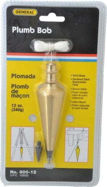 General - 5 Inch Long, 1-3/8 Inch Diameter Brass Plumb Bob - 12 Ounce, Has Replacable Tip - Caliber Tooling