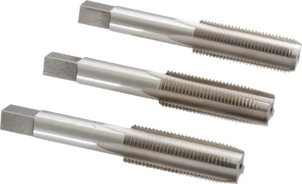 Interstate - 9/16-18 UNF, 4 Flute, Bottoming, Plug & Taper, Bright Finish, High Speed Steel Tap Set - Right Hand Cut, 3-19/32" OAL, 1-21/32" Thread Length - Caliber Tooling