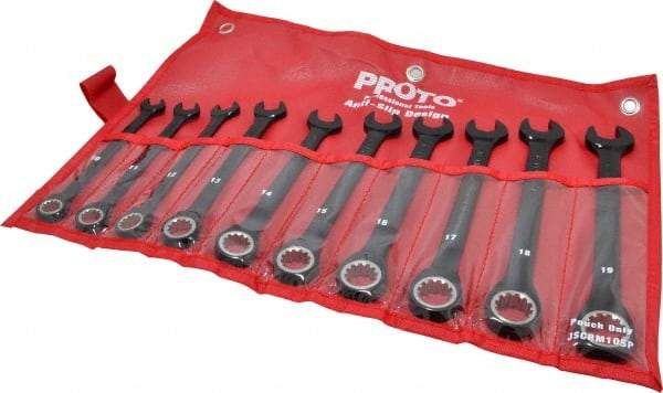 Proto - 10 Piece, 10mm to 19mm, 12 Point Combination Wrench Set - Metric Measurement Standard, Black/Chrome Finish, Comes in Pouch - Caliber Tooling