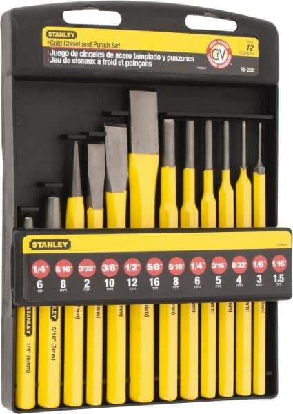 Stanley - 12 Piece Punch & Chisel Set - 3/8 to 5/8" Chisel, 1/16 to 5/16" Punch, Hex Shank - Caliber Tooling