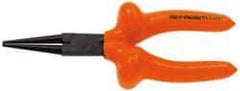 Facom - 6-7/8" OAL, 1-25/32" Jaw Length x 1-5/16" Jaw Width, Long Nose Side Cutting Insulated Pliers - Serrated Jaw, Round Thin Nose Head, Cushion Grip Handles - Caliber Tooling