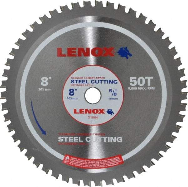 Lenox - 8" Diam, 5/8" Arbor Hole Diam, 50 Tooth Wet & Dry Cut Saw Blade - Titanium Carbide-Tipped, General Purpose Action, Standard Round Arbor - Caliber Tooling