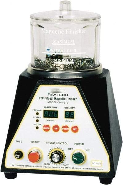 Raytech - 1/12 hp, 150 Grams Pin Capacity, Centrifugal Magnetic Finisher - 6" Bowl Diam, 115 Volts, with Variable Speed, Forward-Reverse Function & Programmable Timer - Caliber Tooling