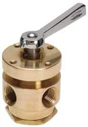 Made in USA - Flow Diverting Valves; Pipe Size: 1/4 (Inch); Type: 4-Way ; Style: No Stack ; Material: Brass ; Rotor Material: Stainless Steel ; Seal Material: Viton O-Ring Set - Exact Industrial Supply