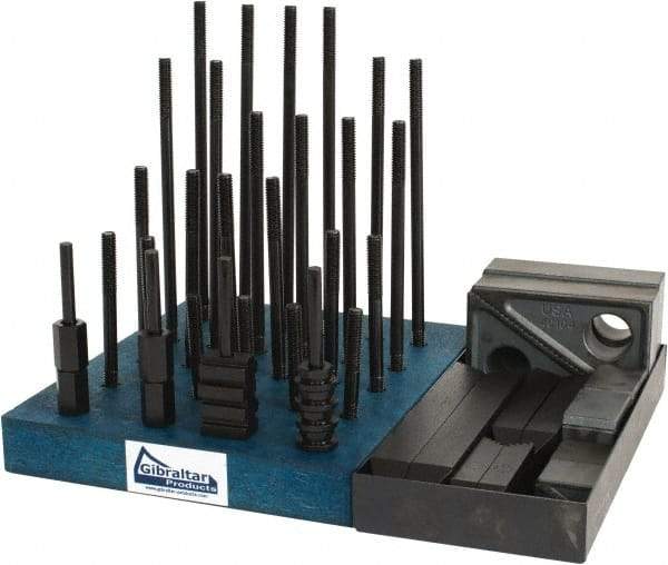 Gibraltar - 50 Piece Fixturing Step Block & Clamp Set with 1" Step Block, 7/16" T-Slot, 3/8-16 Stud Thread - 11/16" Nut Width, 3, 4, 5, 6, 7 & 8" Stud Lengths - Caliber Tooling