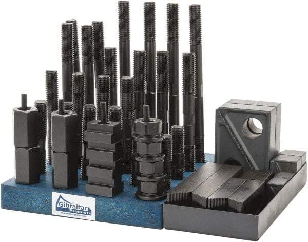 Gibraltar - 50 Piece Fixturing Step Block & Clamp Set with 1" Step Block, 11/16" T-Slot, 5/8-11 Stud Thread - 1-1/8" Nut Width, 3, 4, 5, 6, 7 & 8" Stud Lengths - Caliber Tooling