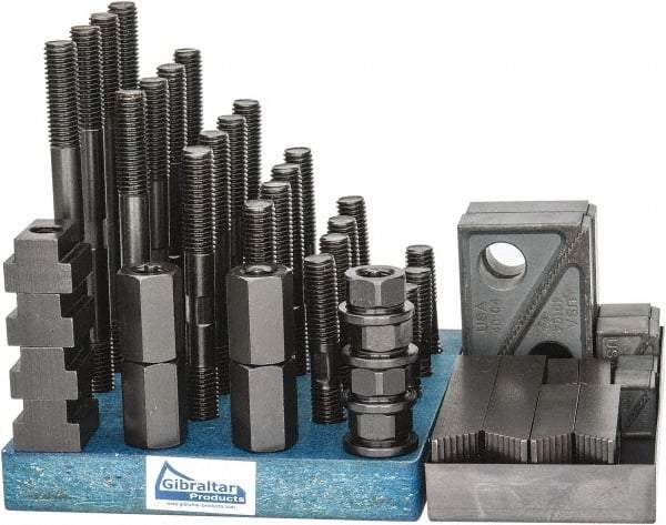 Gibraltar - 50 Piece Fixturing Step Block & Clamp Set with 1" Step Block, 13/16" T-Slot, 5/8-11 Stud Thread - 1-1/4" Nut Width, 3, 4, 5, 6, 7 & 8" Stud Lengths - Caliber Tooling