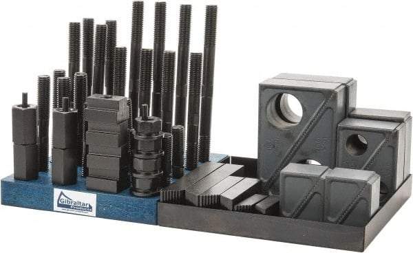 Gibraltar - 50 Piece Fixturing Step Block & Clamp Set with 1-1/2" Step Block, 13/16" T-Slot, 5/8-11 Stud Thread - 1-1/4" Nut Width, 3, 4, 5, 6, 7 & 8" Stud Lengths - Caliber Tooling