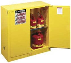 Justrite - 2 Door, 1 Shelf, Yellow Steel Standard Safety Cabinet for Flammable and Combustible Liquids - 44" High x 43" Wide x 18" Deep, Self Closing Door, 3 Point Key Lock, 30 Gal Capacity - Caliber Tooling