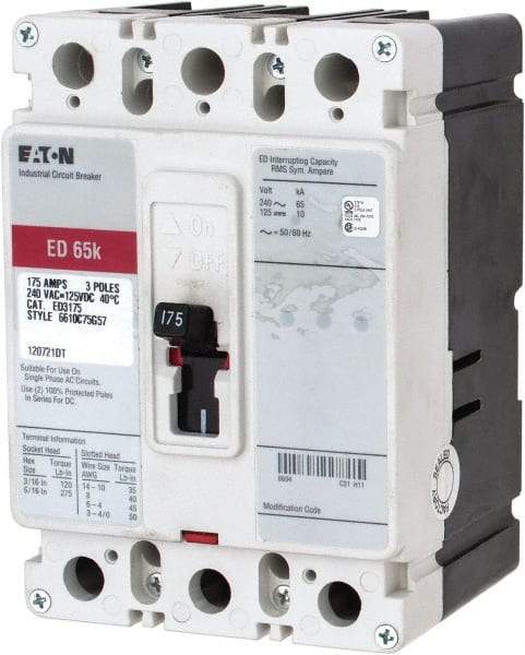 Eaton Cutler-Hammer - 175 Amp, 125 VDC, 240 VAC, 3 Pole, Molded Case Circuit Breaker - Thermal Magnetic Trip, 65 kA at 240 VAC Breaking Capacity, 4-4/0 AWG, 3-3/8 Inch Deep x 6 Inch High x 4-1/8 Inch Wide - Caliber Tooling