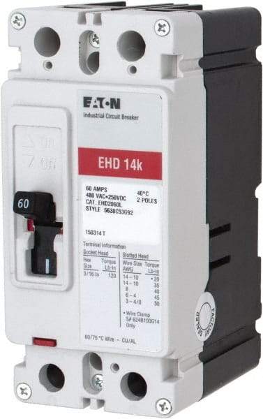 Eaton Cutler-Hammer - 60 Amp, 250 VDC, 480 VAC, 2 Pole, Molded Case Circuit Breaker - Thermal Magnetic Trip, 18 kA at 240 VAC Breaking Capacity, 14-1/0 AWG, 3-3/8 Inch Deep x 6 Inch High x 2-3/4 Inch Wide - Caliber Tooling