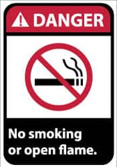 NMC - "Danger - No Smoking or Open Flame", 14" Long x 10" Wide, Pressure-Sensitive Vinyl Safety Sign - Rectangle, 0.004" Thick, Use for Accident Prevention - Caliber Tooling