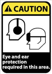 NMC - "Caution - Eye and Ear Protection Required in This Area", 14" Long x 10" Wide, Rigid Plastic Safety Sign - Rectangle, 0.05" Thick, Use for Accident Prevention - Caliber Tooling