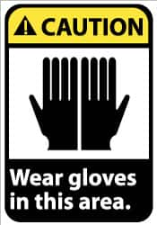 NMC - "Caution - Wear Gloves in This Area", 14" Long x 10" Wide, Rigid Plastic Safety Sign - Rectangle, 0.05" Thick, Use for Accident Prevention - Caliber Tooling