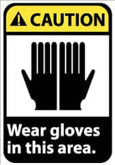 NMC - "Caution - Wear Gloves in This Area", 14" Long x 10" Wide, Rigid Plastic Safety Sign - Rectangle, 0.05" Thick, Use for Accident Prevention - Caliber Tooling