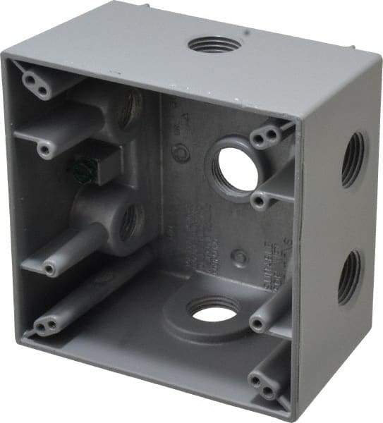 Cooper Crouse-Hinds - 2 Gang, (7) 1/2" Knockouts, Aluminum Square Outlet Box - 4-1/2" Overall Height x 4-1/2" Overall Width x 2-21/32" Overall Depth, Weather Resistant - Caliber Tooling