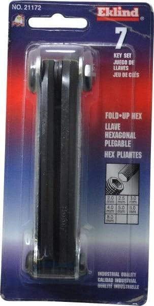 Eklind - 7 Piece Fold-Up Hex Key Set - Hex Range 2 to 8mm, Alloy Steel - Caliber Tooling