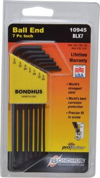 Bondhus - 7 Piece L-Key Ball End Hex Key Set - Hex Range 5/64 to 3/16" - Caliber Tooling