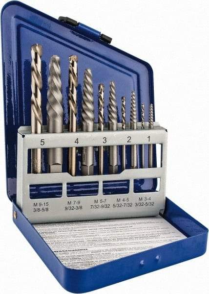 Irwin - 10 Piece Spiral Flute Screw Extractor & Drill Set - Screw Range 3/16 to 3/4" - Caliber Tooling