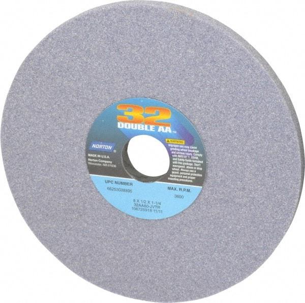 Norton - 8" Diam x 1-1/4" Hole x 1/2" Thick, J Hardness, 60 Grit Surface Grinding Wheel - Aluminum Oxide, Type 1, Medium Grade, 3,600 Max RPM, Vitrified Bond, No Recess - Caliber Tooling