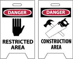 NMC - Danger - Restricted Area, Danger - Construction Area, 12" Wide x 19" High, Plastic Floor Sign - A-Frame, Red & Black on White, For Security & Admittance - Caliber Tooling