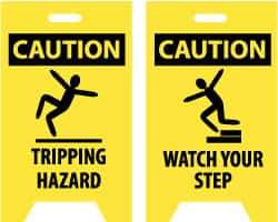 NMC - Caution - Tripping Hazard, Caution - Watch Your Step, 12" Wide x 19" High, Plastic Floor Sign - A-Frame, Black on Yellow, For Accident Prevention - Caliber Tooling