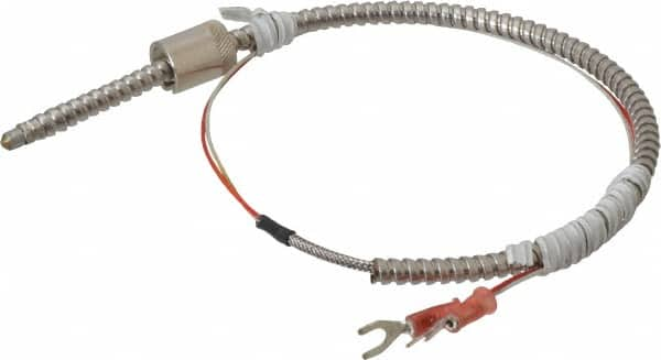 Thermo Electric - 32 to 900°F, J Universal Temp, Thermocouple Probe - 2 Ft. Cable Length, Stripped Ends with Spade Lugs, 1/4 Inch Probe Sheath Length, 1 Sec Response Time - Caliber Tooling