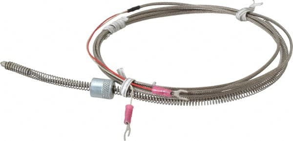 Thermo Electric - 32 to 900°F, J Universal Temp, Thermocouple Probe - 7-1/2 Ft. Cable Length, Stripped Ends with Spade Lugs, 1/4 Inch Probe Sheath Length, 1 Sec Response Time - Caliber Tooling